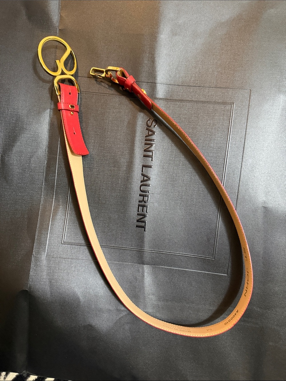 St. John Red Leather belt w st logo with Gold Hardware